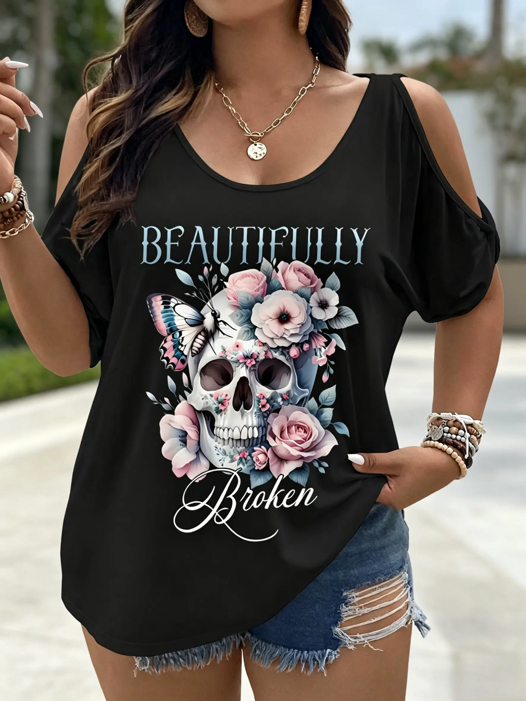 Women's Plus Size "BEAUTIFULLY Broken" Skull & Floral Print T-Shirt - Off-Shoulder Cold Shoulder Design, Lightweight Summer Casual, Bodycon Fit, Machine Washable, Ideal Gift for Christmas, Valentine's Day, Everyday Wear retro women oversized tshirt