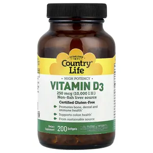 Country Life Vitamin D3, High Potency , 250 mcg (10,000 IU), 200 Softgels
