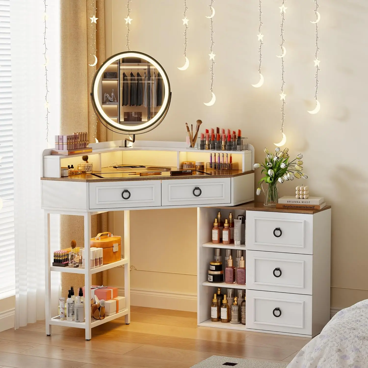 Lvifur Corner Makeup Vanity Desk - Space-Saving Engineered Wood Bedroom Furniture with Rotating Mirror, LED Lights, Charging Station, 5 Drawers+Shelves, Glass Top Base