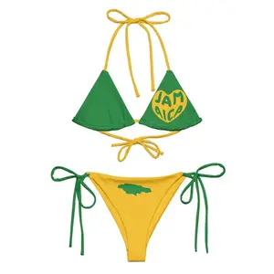 Jamaica Heart Map Print Bikini Set Women String Triangle Top Tie Side Bottom Green Yellow Beach Swimsuit Summer Vacation Pool Party Caribbean Festival Swimwear