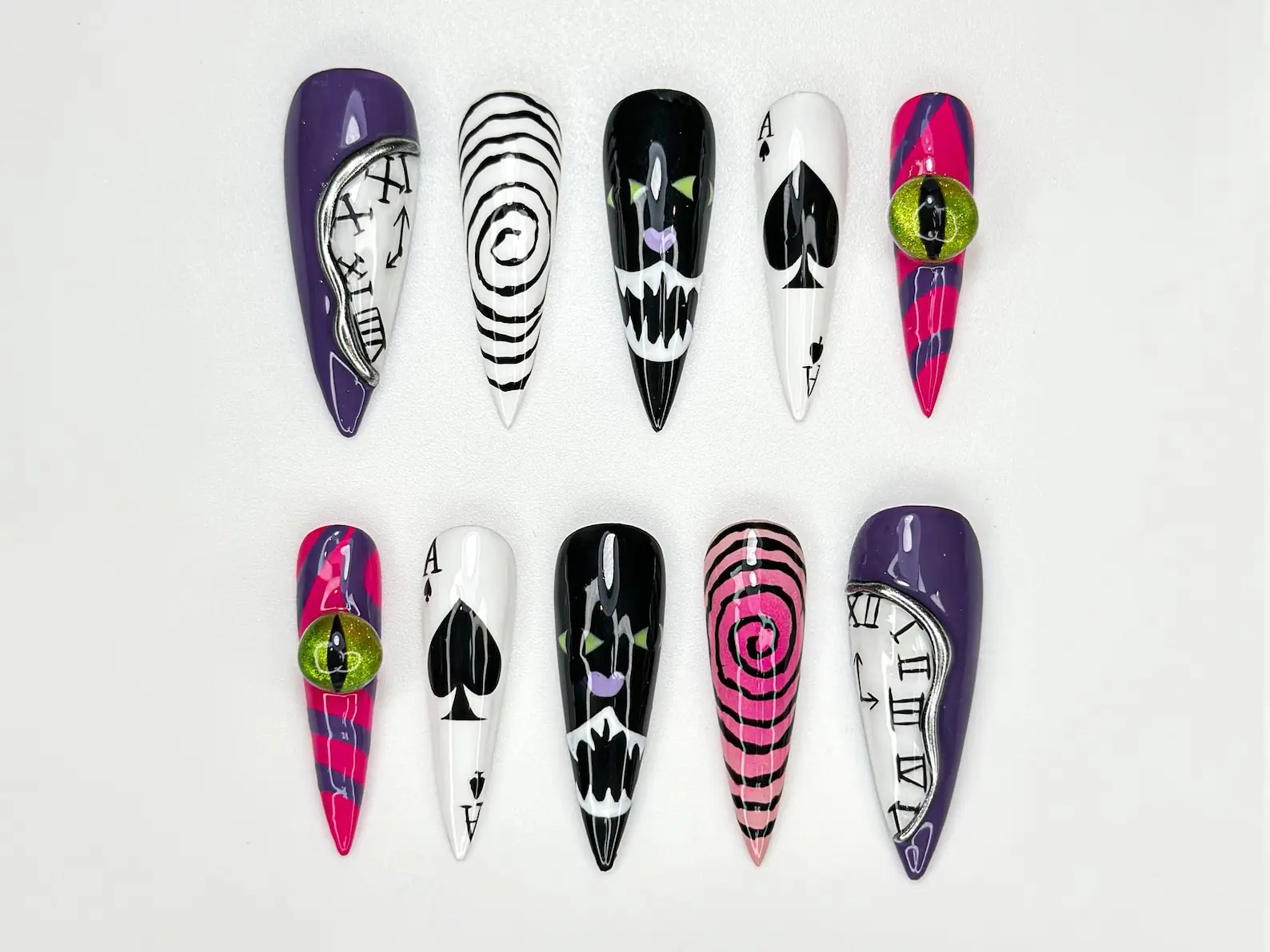 HelenNails – Cheshire Cat Wonderland Press On Nails, Alice In Wonderland Playing Card And Spiral Illusion Nail Art, Handmade Halloween Nails – HL943