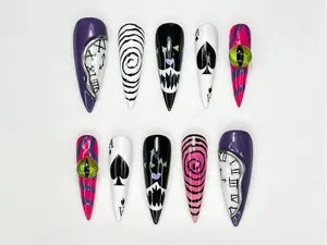 HelenNails – Cheshire Cat Wonderland Press On Nails, Alice In Wonderland Playing Card And Spiral Illusion Nail Art, Handmade Halloween Nails – HL943