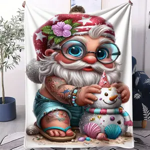 Fun Santa Claus Cartoon Print Blanket, Soft Comfortable Fluffy Handmade Cover for Sofa Chair Bed Camping Picnic Travel, Perfect Gift for Women Mothers Birthday