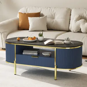 48" Fluted Oval Coffee Table with Faux Marble Top & Gold Metal Legs, Modern Curved Profile with Storage Drawer & Shelf, Easy Maintenance, Oak/Navy Blue Options