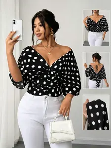 Plus Size Women's V Neck Polka Dot Shirt Blouse, Fitted Lace Up Design, Casual Tropical Pattern, All Seasons Wear, Comfortable and Stylish, Casual Elegant Top