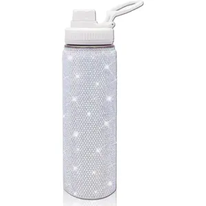 22oz Stainless Steel Bling  Water Bottle Rhinestone Vacuum Insulated Bottle with Spout Lid  Double-Wall Glitter  Bottle  for Women Girl (White)