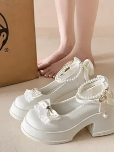Women's Lolita Style Chunky Heel Mary Jane Shoes, Pearl Bow Buckle Strap, Sweet Girl Fashion Single Shoe, Casual Wear, Rubber Sole