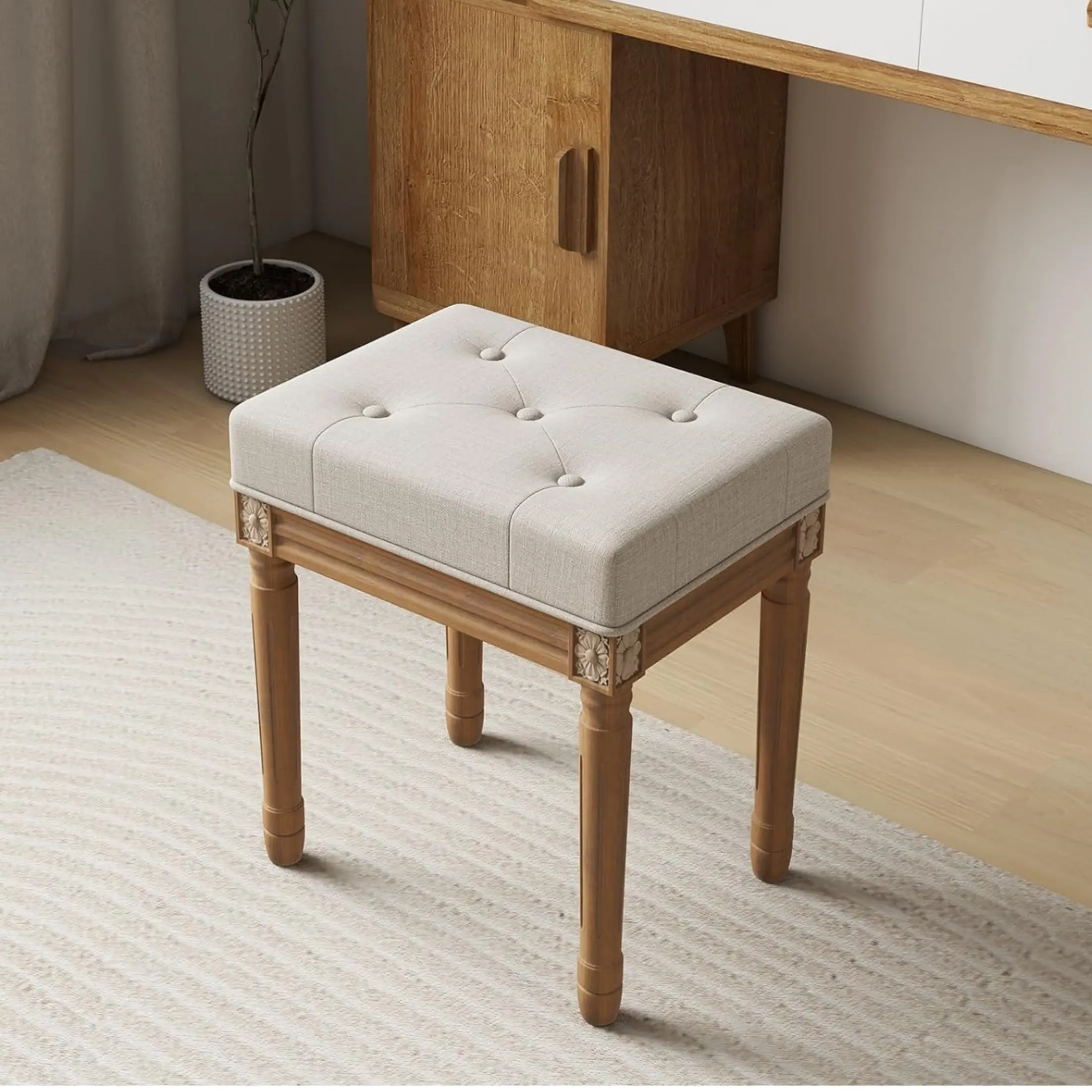 [Crazy Week] Ebello 16" Wide Victorian Antique Backless Tufted Solid Wood Leg Makeup Stool Piano Bench