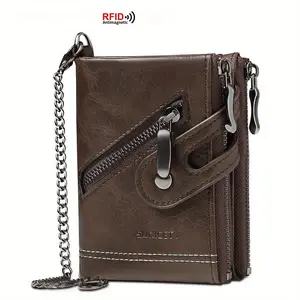 Men's RFID Blocking Slim Wallet with Anti-Loss Chain - Premium PU Leather Minimalist Bifold | Multi-Card Slots & Coin Pocket