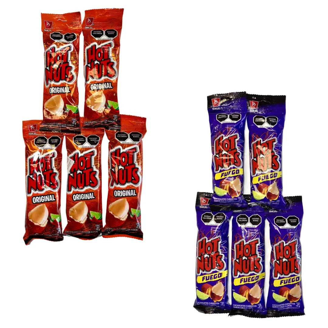 5-PK HOT NUTS BARCEL - CACAHUATE CUBIERTOS SABOR CHILE ESPECIAS Y LIMON - 75 GRAMOS - PRODUCT OF MEXICO