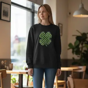 Women's Hanes Casual Patchwork Quilt Block Sweatshirt - XL Size, Unique Green Shamrock Design, Everyday Piece Tops