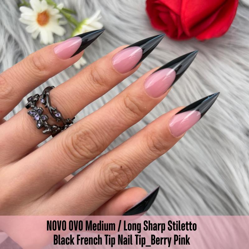 NOVO OVO Black French Tip Sharp Stiletto Pointed Medium Long Nail Tips Press on Berry Pink, Soft Gel Fake Acrylic Extension, Full Cover False Nails for Salon DIY x 16 Sizes 160 pcs【NO GLUE ,TOP COATAND LAMP INCLUDED】