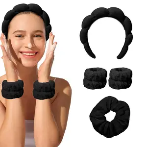 Sponge Spa Headband Wristband for Women Girls Washing Face Skincare Bubble Headbands Puffy Makeup Hairband Hair Scrunchie and 2 Wrist Wash Bands Set