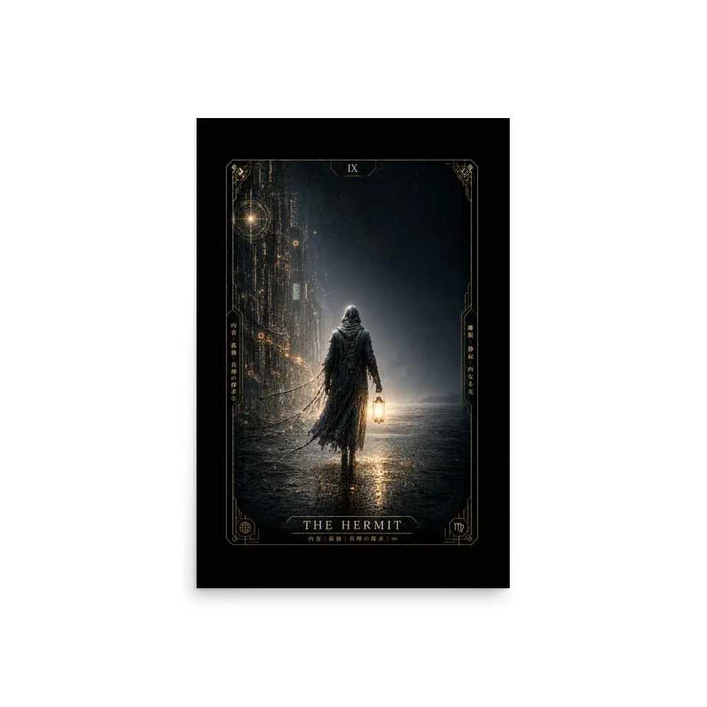 Techno Tarot The Hermit Dark Cyberpunk Wall-Mounted Print - Mystic Sci-Fi Archival Ink Art, Detailed Scene Matte Paper Multi-Size Home Decor Statement Piece (Home Supplies, Posters & Prints)