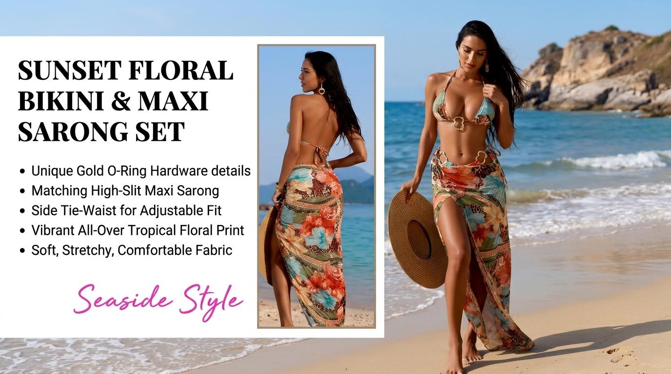 Three-Piece Set Women's All Over Print Bikinis Set, Ruffle Trim Halter Tie Back Triangle Bikini Top & Thong & Sheer Tie Side Cover Up Skirt Swimwear Set for Beach, Women's Swimsuit for Summer, Floral Print Bikinis, Flower Print Bikini, Bikini Sets