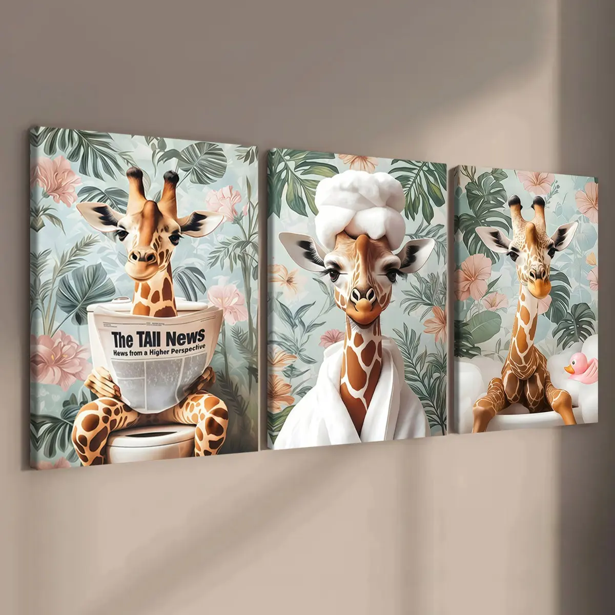 3-Pack Wooden Frame Canvas Posters, Fun Giraffe Bathroom Theme, Modern Art Decor, Decorative Wall Art, Waterproof, Ideal for Bedroom, Office, Gift, Home Decor Products