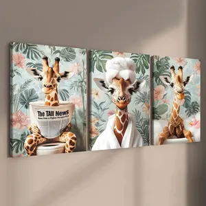 3-Pack Wooden Frame Canvas Posters, Fun Giraffe Bathroom Theme, Modern Art Decor, Decorative Wall Art, Waterproof, Ideal for Bedroom, Office, Gift