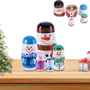 Wooden Russian Nesting Dolls Set of 5 Hand-Painted Snowman Stacking Toys, Kids Birthday Party Home Decor, New Year Gift