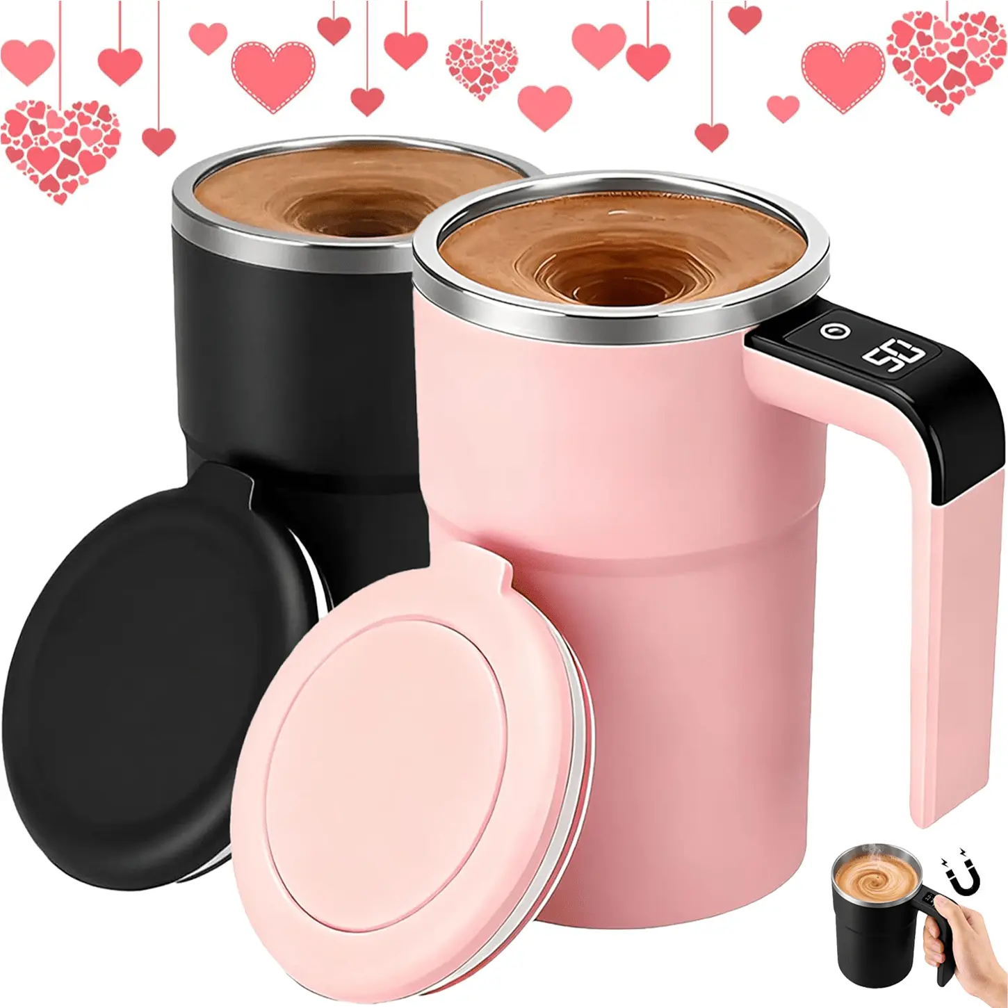 2-Pack Insulated Stainless Steel Smart Magnetic Stirring Coffee Mugs, 380ml Rechargeable Auto Mixing Tumblers, Minimalist Couples Valentine's Day Tech Kitchenware Gift Set, Mug