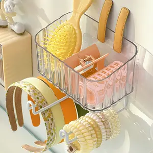1pc Hair Accessory Storage Basket, Adhesive Transparent Wall Mount Organizer, Space Saving Strong Back Tape Holder for Bathroom & Vanity