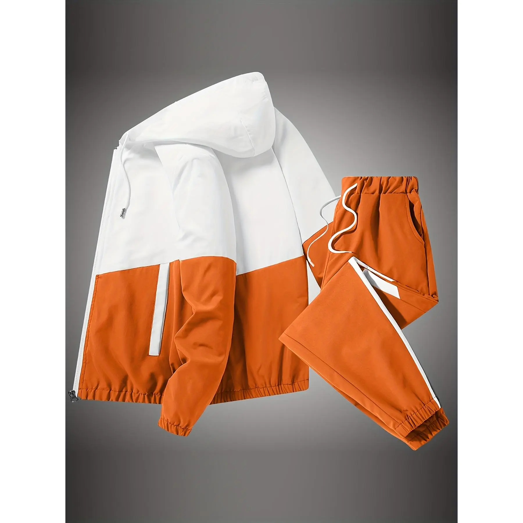 Men's 2-Piece Solid Tracksuit Set - Color-Block Hooded Jacket, Long Pants for Spring/Autumn Sport Casual Wear, Sport Casual Outfit