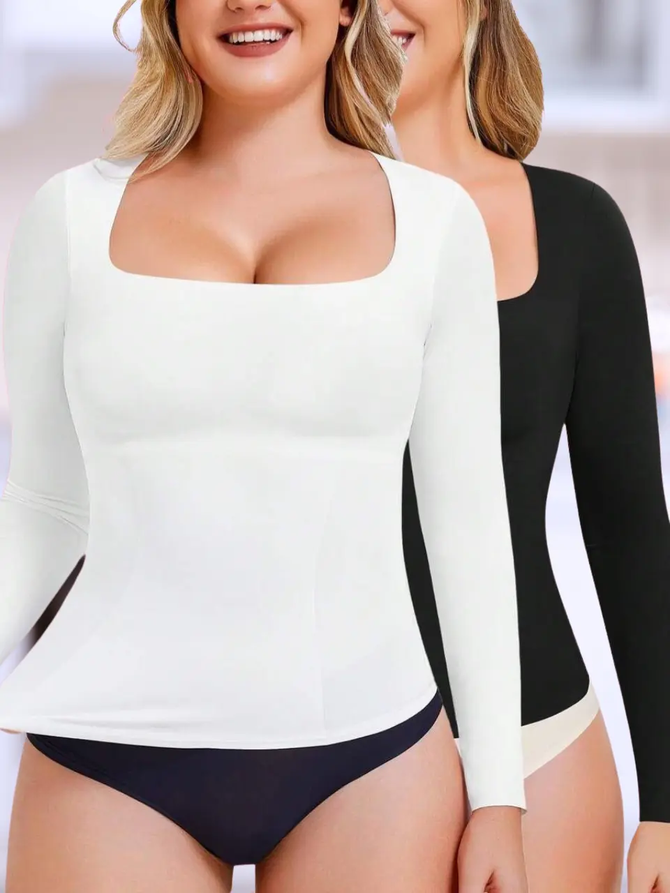 2-Pack Women’s Slimming Shapewear Tops – Long Sleeve Seamless Compression Tees With Square Neck