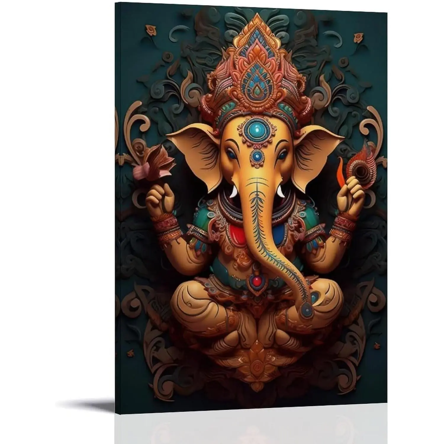 Hechcab Framed Ganesh Canvas Artwork, Hindu Religious Home Decor, Artistic Print for Living Room Aesthetics Decoration