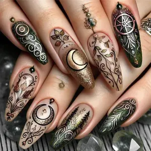 Vintage Forest Dreamcatcher Tribal Totem Press On Nails, Hand-Painted Moon Vine Forest Henna Mysterious Pattern Glitter Design, Glitter Gold Powder Long Almond Removable False Nails, Perfect for Party, Date & Streetwear, Including Jelly Glue and Nail File