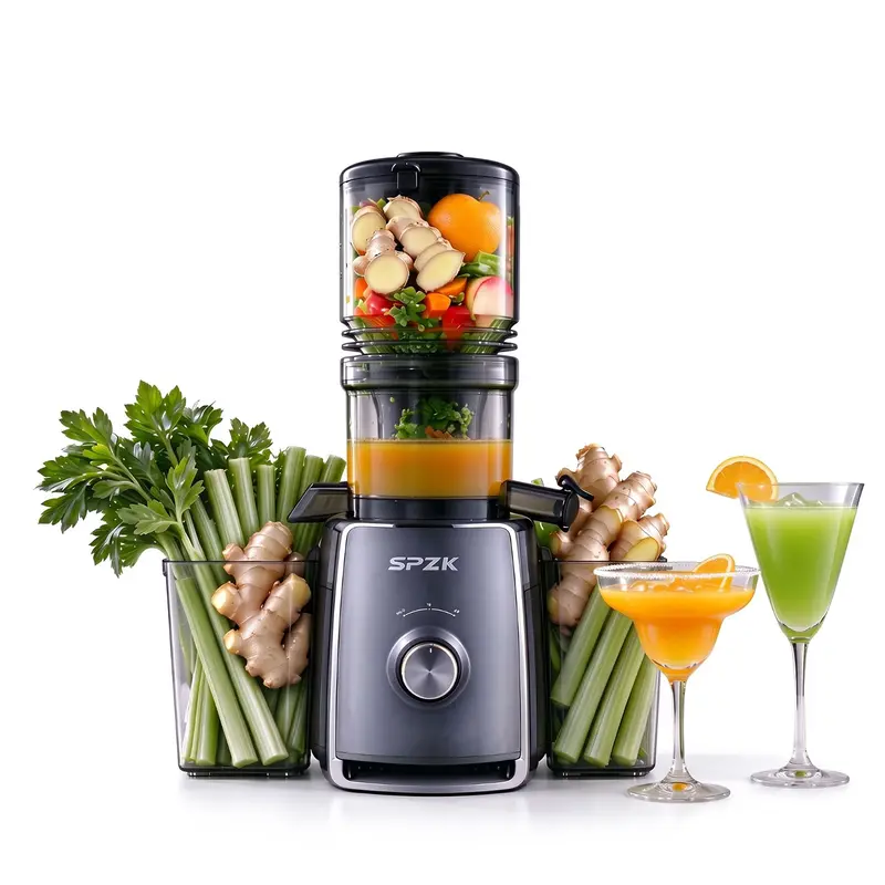 SPZTJK Cold Press Slow Masticating Juice Extractor (Juice Machine), 5.3" Oversize Feeder Mouth, 300W Mini Countertop Modern Lightweight Juicer with Silent Motor, Auto Pulp Sep., Polycarbonate Build, Safety Lock, Easy to Clean for Batch Juicing