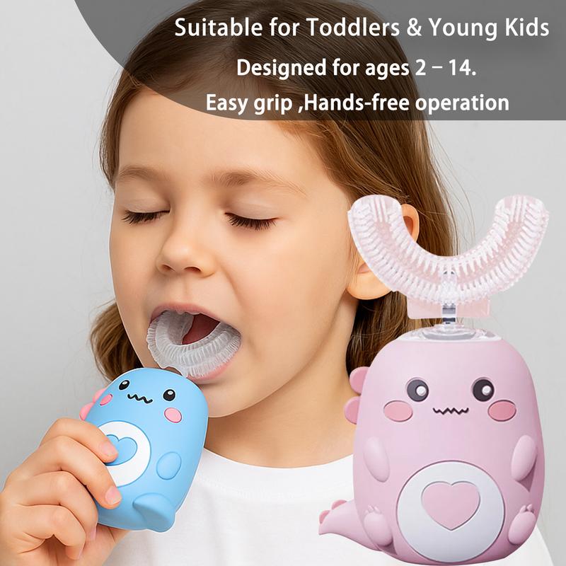 Kids U Shaped Electric Toothbrush with 3 Brush Heads, Sonic Toothbrush Kids with 5 Modes, Cartoon Dinosaur 360-Degree Cleaning IPX7 Waterproof Design