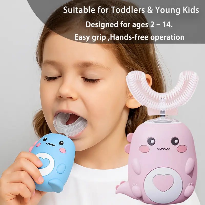 Kids U Shaped Electric Toothbrush with 3 Brush Heads, Sonic Toothbrush Kids with 5 Modes, Cartoon Dinosaur 360-Degree Cleaning IPX7 Waterproof Design