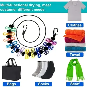 1-Piece camping clothing line Portable 12 clothespins, camping accessories Travel clothing line for outdoor and indoor, retractable clothing line Elastic clothing line for camping hotel rooms