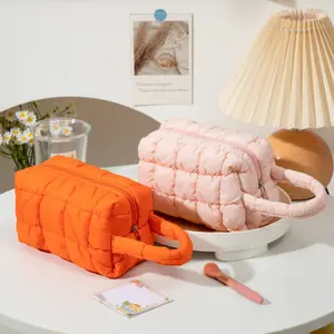 4 solid colour plaid cosmetic bags, fresh simple style, hand held, polyester material, bright colours, large capacity, DIY portable travel daily essentials toiletry storage bags