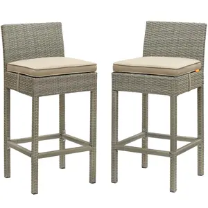 Modway Conduit Bar Stool Outdoor Patio Wicker Rattan Set of 2 in Light Gray Beige