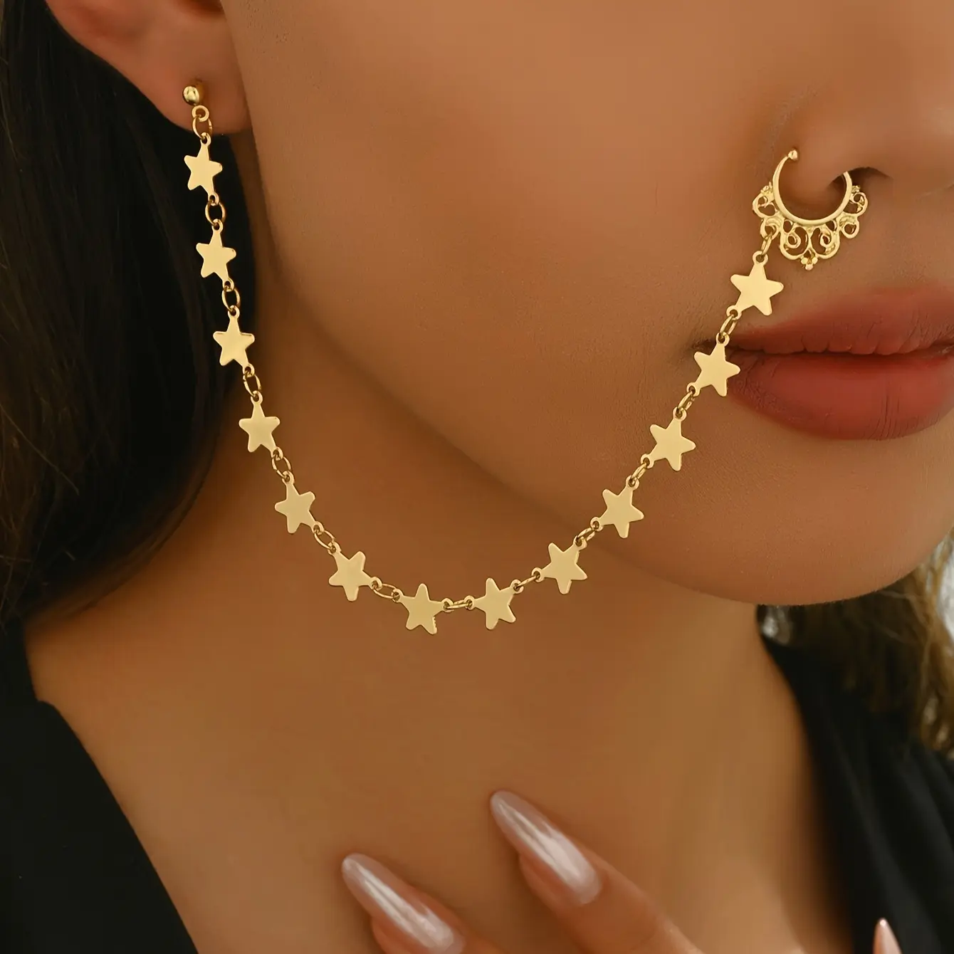Women's Elegant Indian-Style Zinc Alloy Nose Chain, Female Adult Body Jewelry for Daily Wear and Weddings, Adult Size