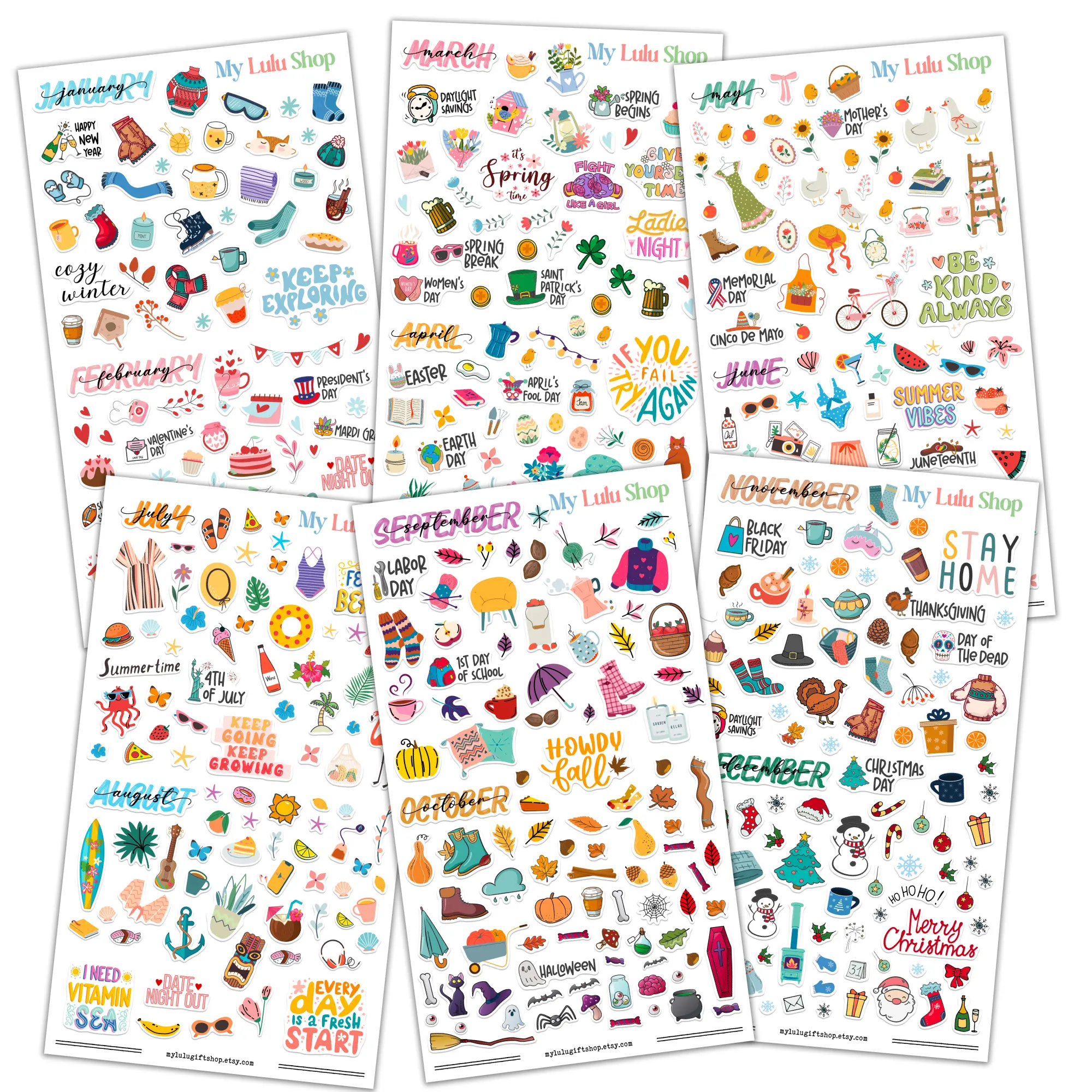 Holiday Seasonal Planner Sticker Sheets, Vintage Seasonal Sticker Pack, Happy Scrapbook Supplies, Monthly Daily Planner, 6 Sheets, Premium Matte, 12 Months Pack - Over 510 Stickers!