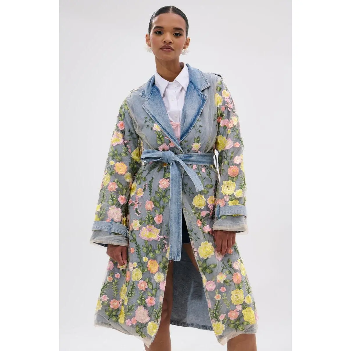 LIFE IN COLOR FLORAL DENIM TRENCH