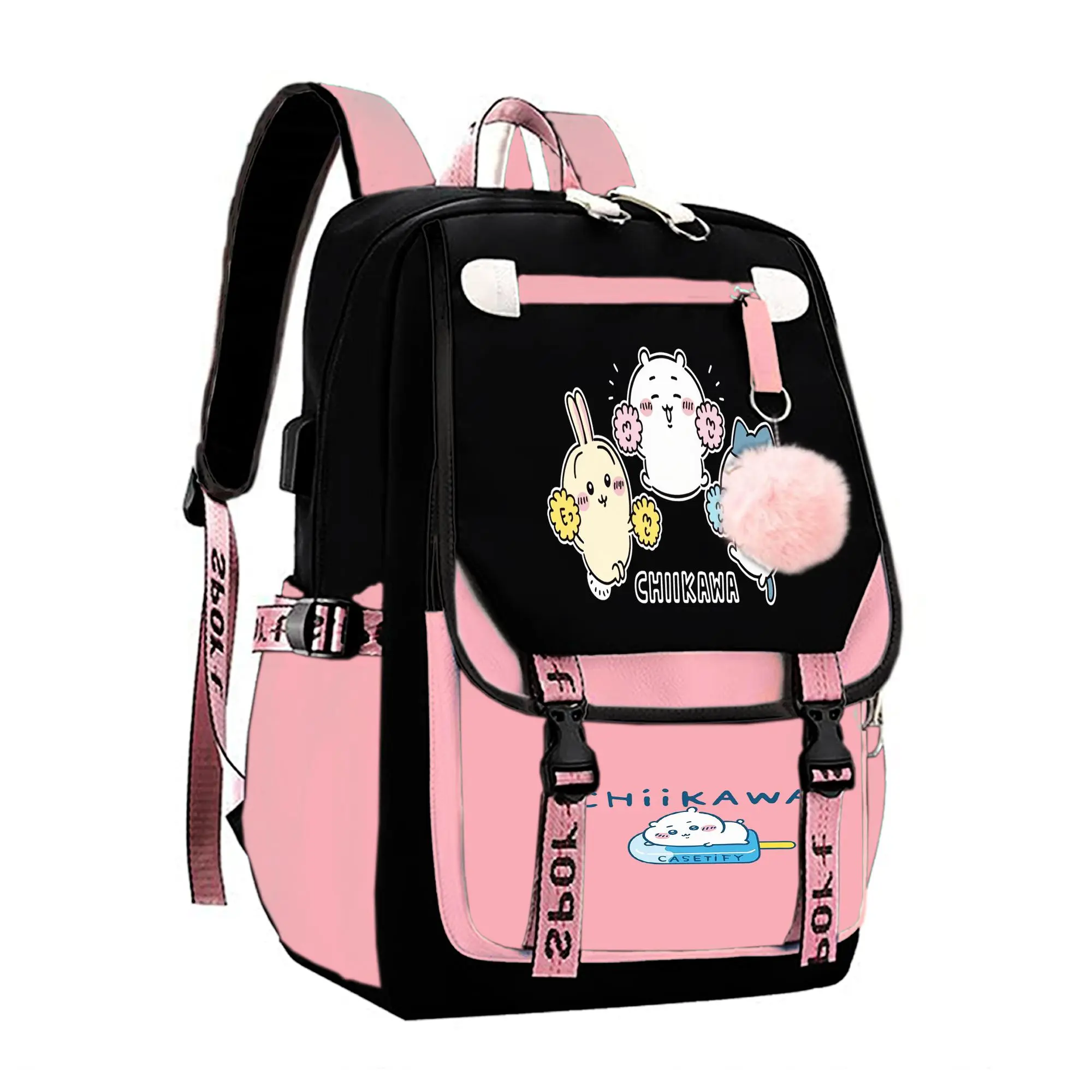 chiikawa Graphic Backpack for Girls, Y2K Pink and Black School Bookbag with Keychain, Waterproof Travel Laptop Bag for Teens College d-4