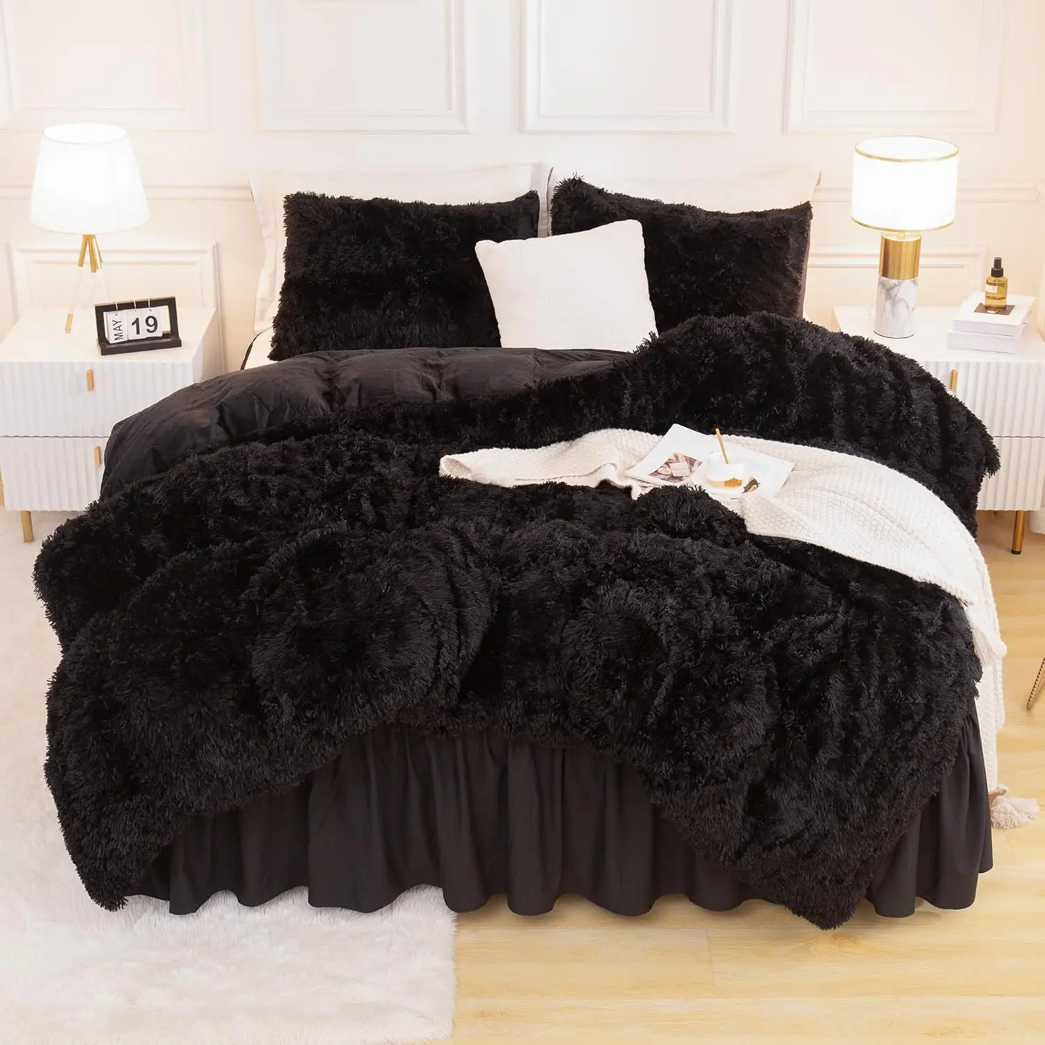 Litanika Shaggy Faux Fur Reversible Crystal Velvet Plush Comforter Set, Ultra-Soft Warm Fluffy Bedding for Beds