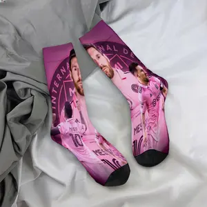Mid-calf socks, Messi pink jersey pattern, celebrity merchandise, durable socks, unisex socks, a fan favorite, holiday gift, birthday gift.