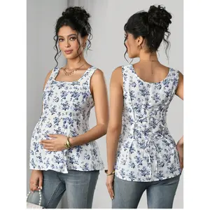 Blue & White Floral Print Maternity Tops