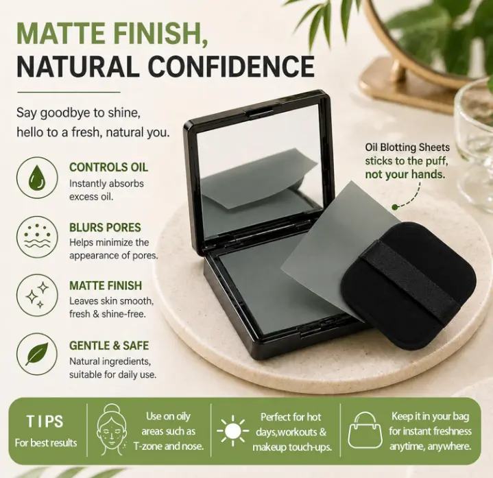 Magnet Oil Blotting Setting Sheet With Powder More Control Oil Keep Fresh 2 IN 1 Blotting Sheet with Mirror Portable Facial Oil Absorbing Sheets , Matte Finish for Daily Touch Up - Travel Friendly，Comes with 1 Refill Pack.