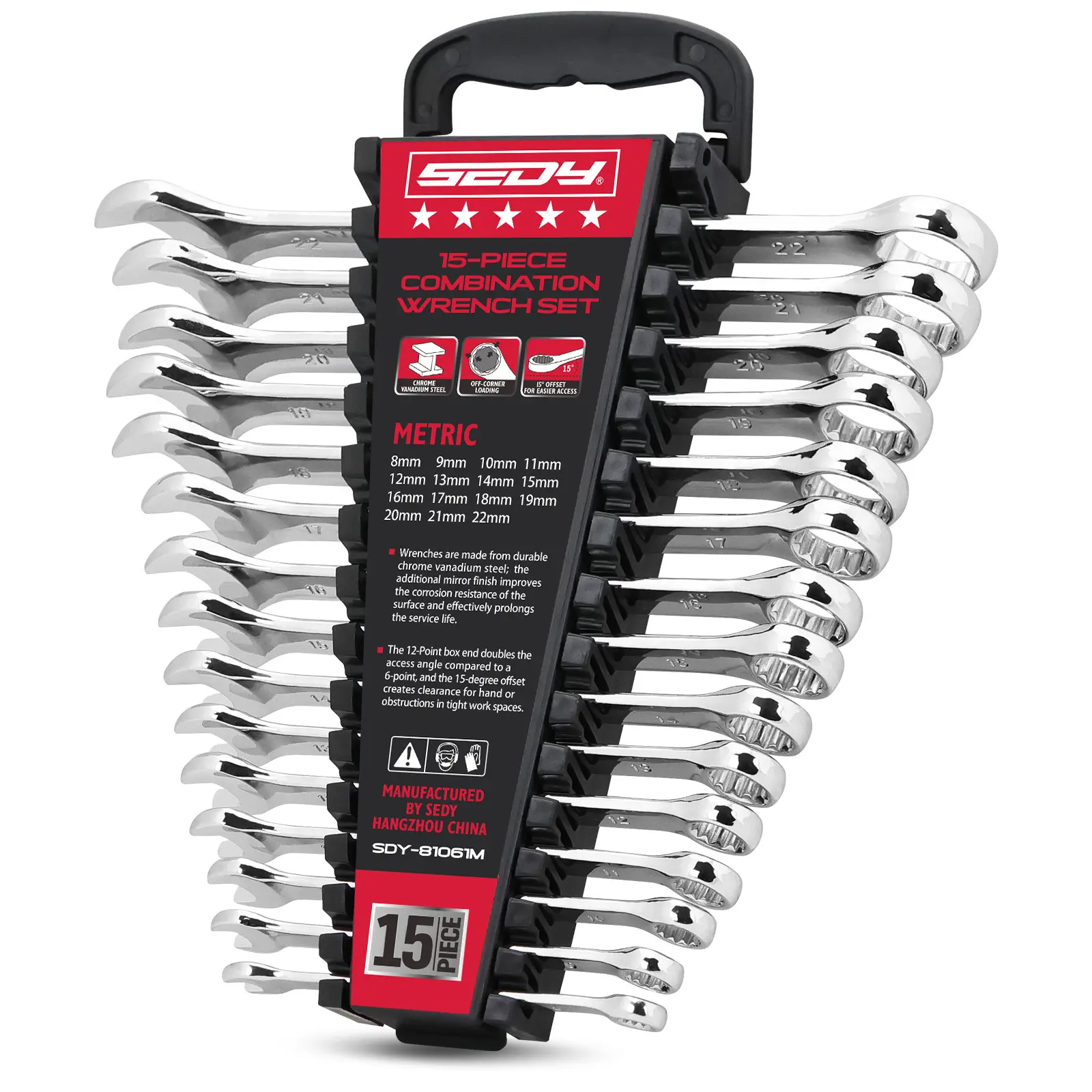 15-Piece Metric Combination Wrench Set, 8-22mm 12-Point Open End and Box End Wrench Kit with Organizer, Chrome Vanadium Steel Tools for Mechanics, Garages and Workshops