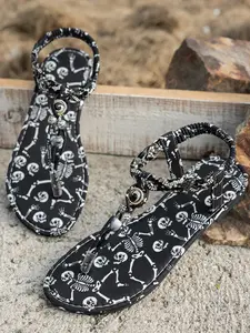 New Skull Print Flat Sandals, Skeleton Design, Comfortable Open-Toe Hollow Out, Casual All Season Shoes