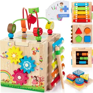 Bravmate Wooden Activity Cube, 8-in-1 Wooden Montessori Learning Toys for 18 M+ Toddlers, One Year Old First Birthday Gift, Baby Toy Set with Bonus Sorting & Stacking Board