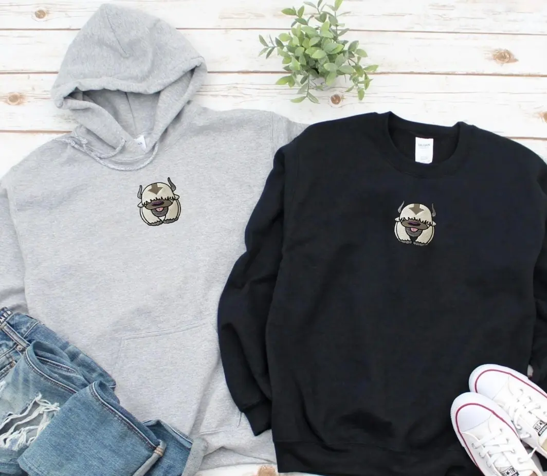 Appa Bison Embroidered Sweatshirt, Avatar Appa, Appa Yip Embroidered, Last Airbender Embroidered Hoodie, Unisex Heavy Blend Crewneck Sweatshirt/Hoodie - Classic Long Sleeve Menswear Sweater Embroidery Shirt