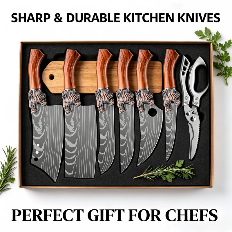 Professional 6-Piece/7-Piece Stainless Steel Kitchen Set - Laser Pattern Blades, Bone Lift & Slice, Carving, Butcher, Fish Functions, Scissors - Super Sharp, Chef-Favored Gift Ready Option