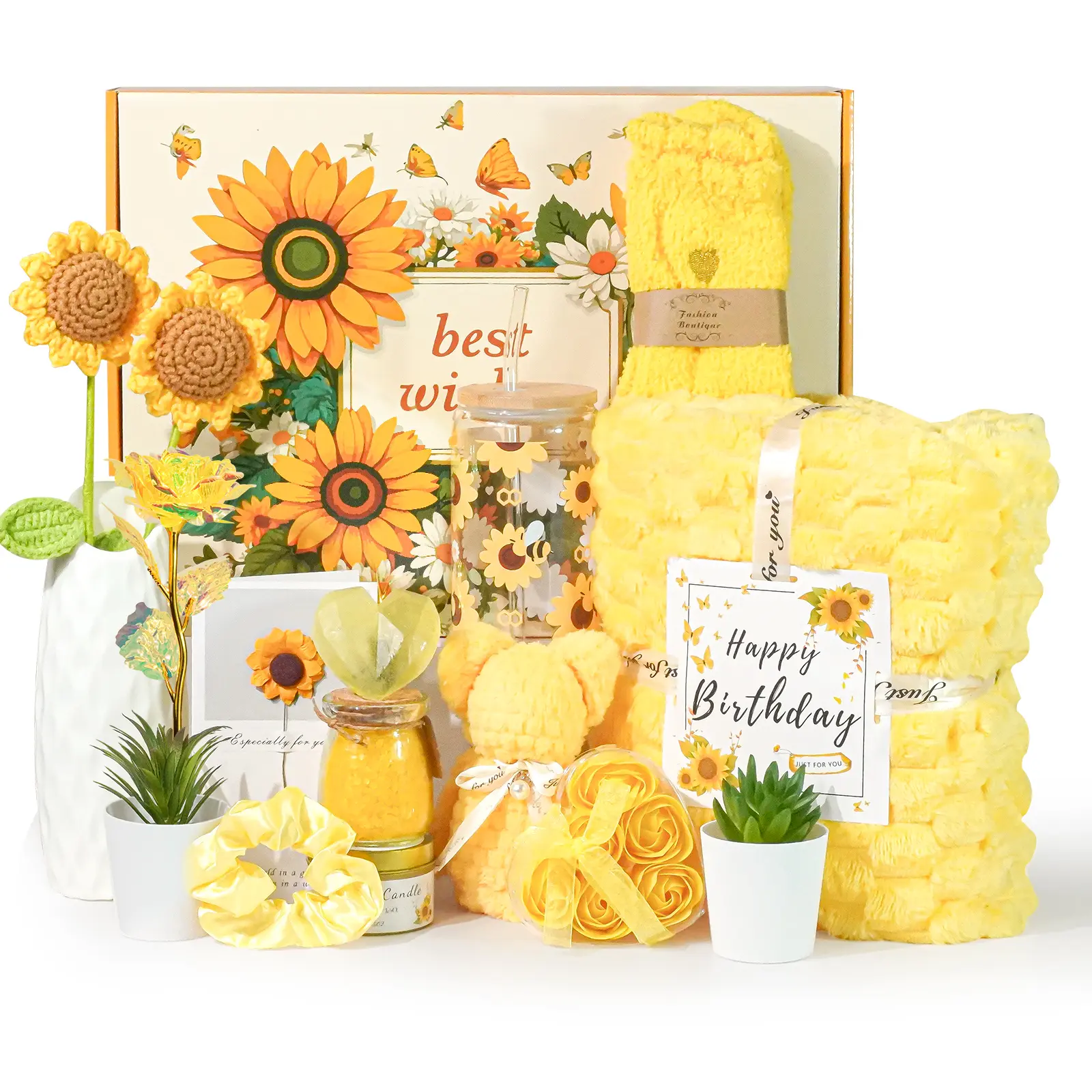 17oz Premium Sunflower Relaxing Spa Gift Basket - Decorative Home Supplies Set for Women, Aunts, Ideal for Birthday, Mother's Day Gifting with Storage Box