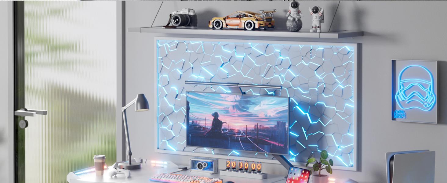 Ecofurnix 47/55/63 Inch Gaming Desk with LED Lights Carbon Fibre Surface Gaming Table Large Computer Desk Ergonomic Home Office Desks Z Shaped PC Gamer Workstations with Cup Holder & Headphone Hook White pu recliner leather adjustable work from new