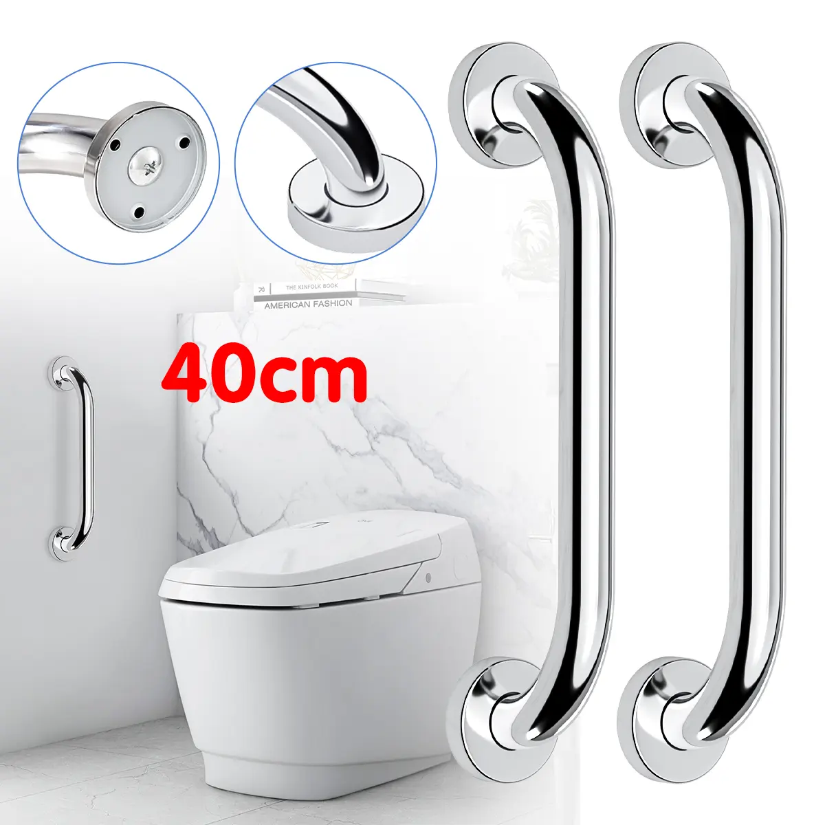 2 Pcs 40cm Silver Stainless Steel Shower Grab Bar Handrail, Wall-Mounted Bathroom Safety Handle for Elderly